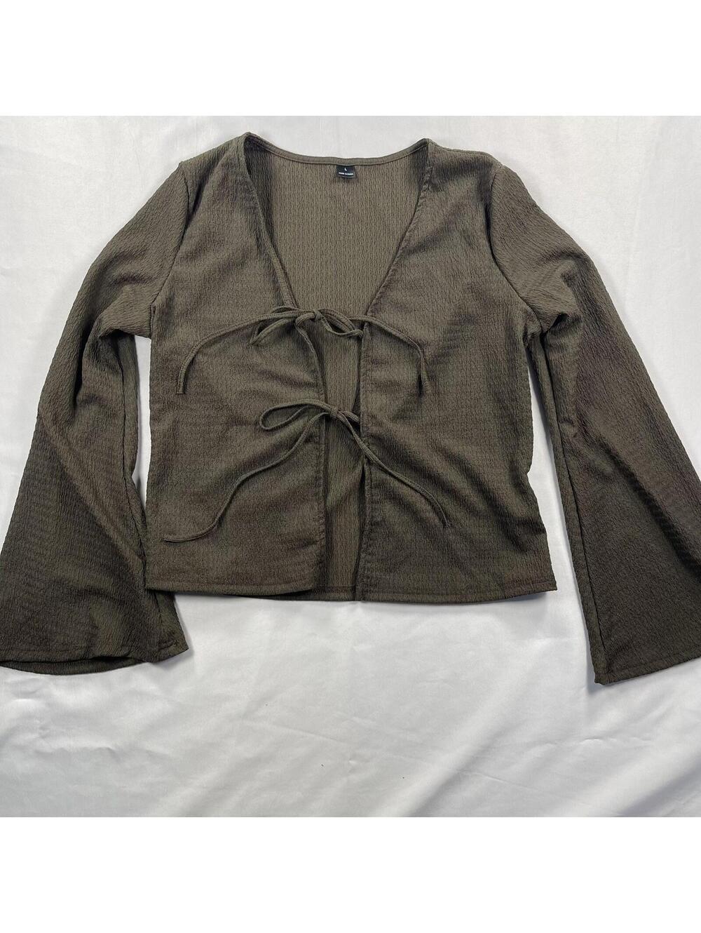 Brown Tie Front Bell Sleeve Whimsical Top Fairy Coquette Cottage Boho L